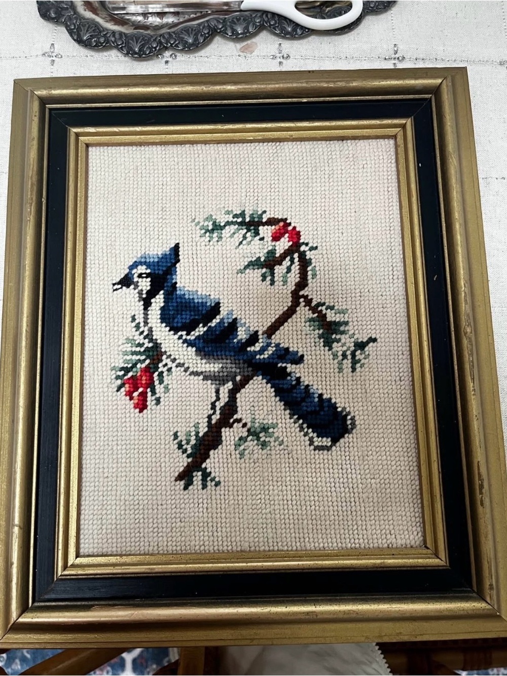 Handmade Blue Jay Cross Stitch Wall Art - Black and gold frame